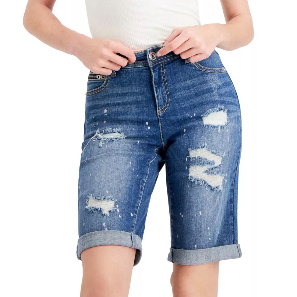 Inc International Concepts Womens Mid Rise Ripped Bermuda‎ Shorts Blue Size 6/28